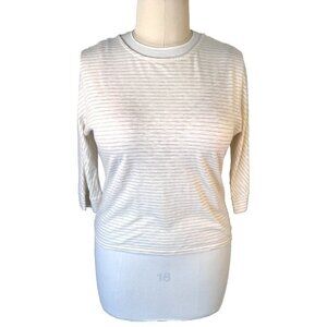 Chico's - Women's L Tee Shirt Ivory Gold Metallic Stripe 3/4 Sleeve Boat Neck